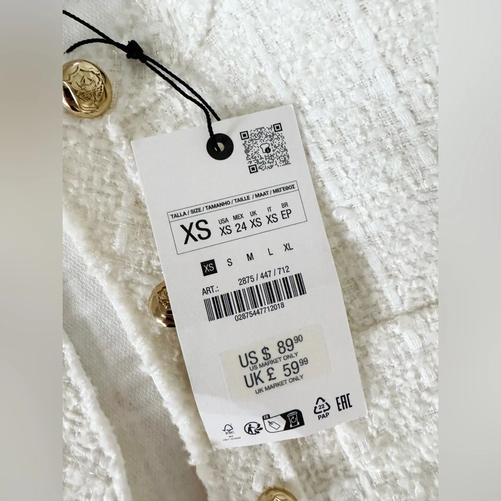 *BRAND NEW* Zara Cream/White Tweed Dress with Gold Buttons XS - Picture 9 of 14